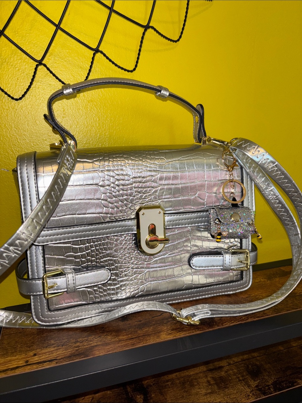 Metallic Silver Croc-Embossed Top Handle Satchel with Gold Hardware